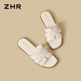 ZHR则则头层牛皮洋气网红拖鞋女鞋2026新款夏季外穿平底沙滩凉鞋