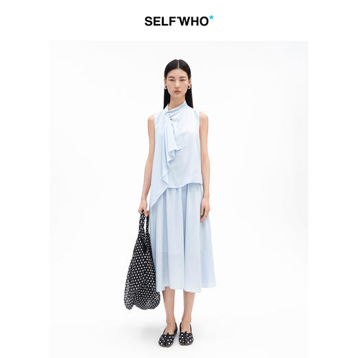 SELFWHO莱赛尔假两件荡褶围巾领连衣裙女2026夏季新款a字无袖长裙 商品图2