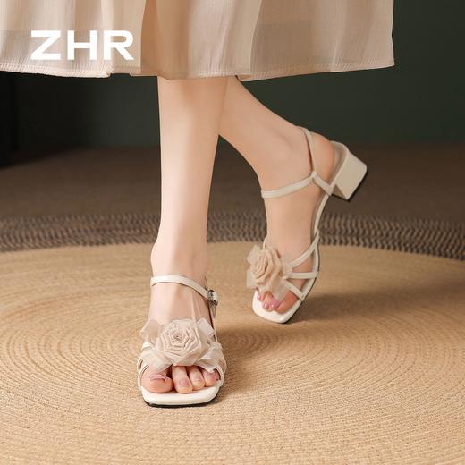 ZHR则则法式方头花朵粗跟一字凉鞋2026夏季新款女鞋温柔配裙子女 商品图9