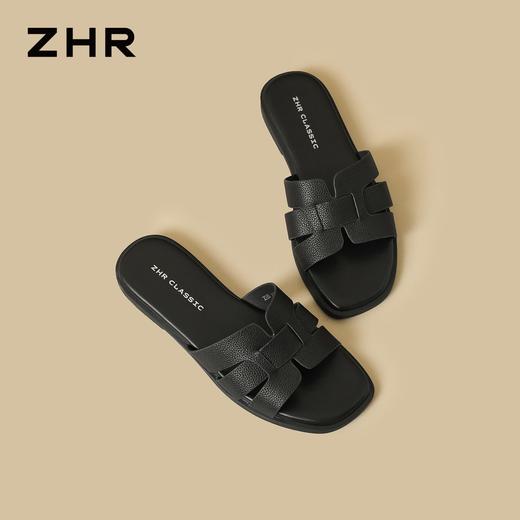 ZHR则则头层牛皮洋气网红拖鞋女鞋2026新款夏季外穿平底沙滩凉鞋 商品图1