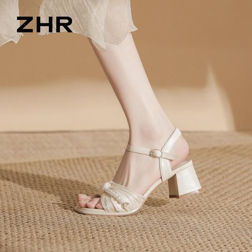 ZHR则则法式珍珠网纱方头粗跟凉鞋优雅2026夏季新款百搭女鞋气质 商品图3