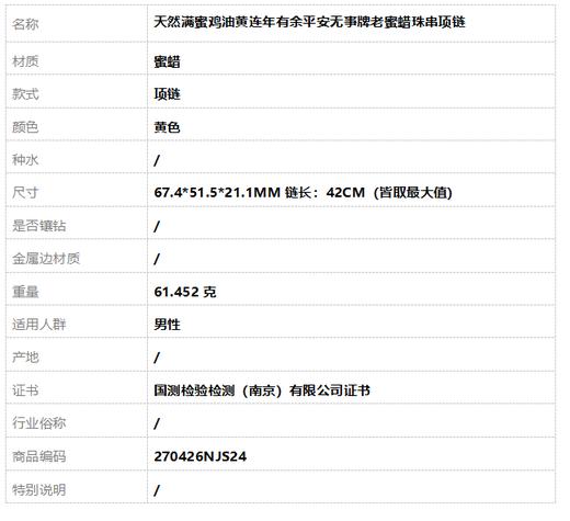 【天然正品】天然满蜜鸡油黄连年有余平安无事牌老蜜蜡珠串项链 链长：42CM（皆取最大值）270426NJS24 商品图9