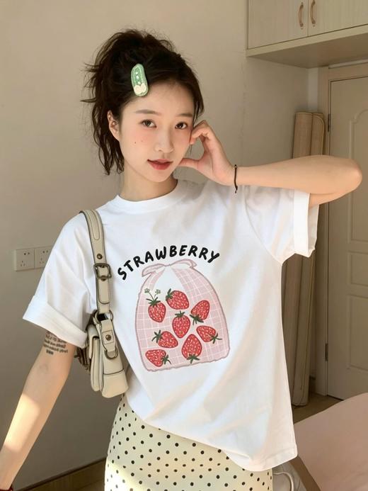 韩系ins风甜美亮片草莓🍓短袖T恤 蛋糕纸盒包装 商品图1