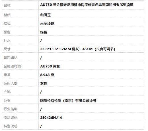 【天然正品】AU750黄金镶天然细腻油润度佳青色无事牌和田玉吊坠项链 链长：45CM（长度可调节）250426NJ14 商品图9