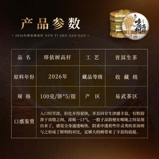 5月14日中午12点【哆依树高杆】2026年头春头采哆依树高杆更有野性，一口入喉，满满的清凉感，选取茶王周边八棵大高杆单采单制，100克/饼*5饼/提 商品图1