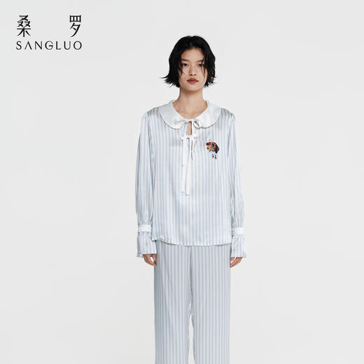 查理小狗』桑罗条纹真丝睡衣套装100%桑蚕丝女外穿家居服2026新款 商品图10