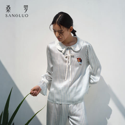 查理小狗』桑罗条纹真丝睡衣套装100%桑蚕丝女外穿家居服2026新款 商品图6