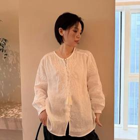 白玉兰！祥云绣进口高端亚麻刺绣衬衫