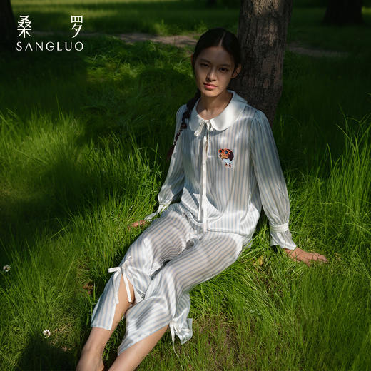 查理小狗』桑罗条纹真丝睡衣套装100%桑蚕丝女外穿家居服2026新款 商品图0