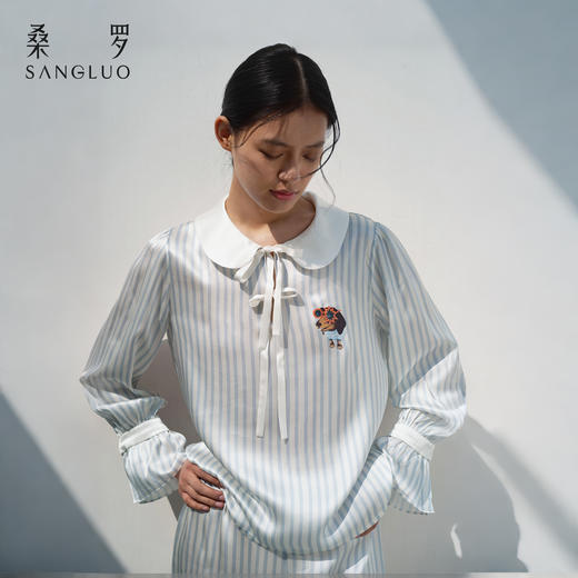 查理小狗』桑罗条纹真丝睡衣套装100%桑蚕丝女外穿家居服2026新款 商品图7