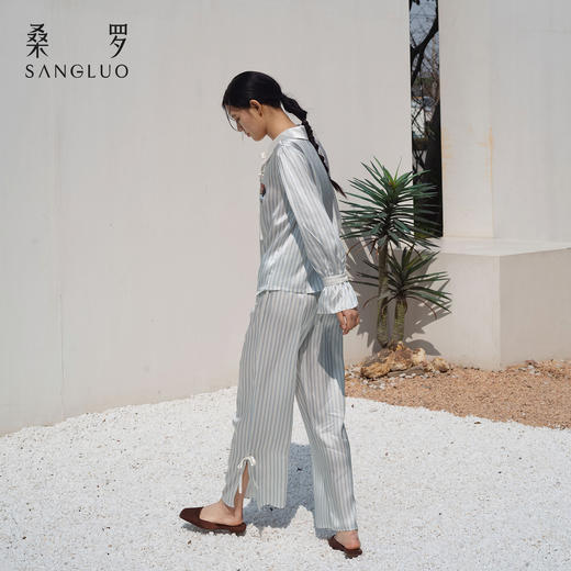 查理小狗』桑罗条纹真丝睡衣套装100%桑蚕丝女外穿家居服2026新款 商品图4
