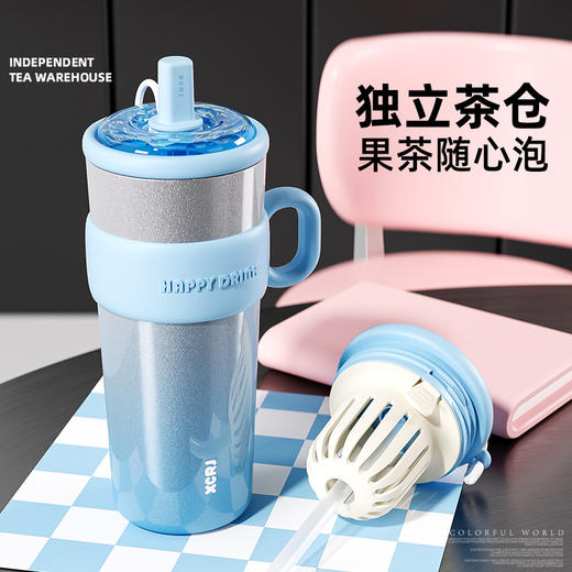 【小茶日记松弛主义】学生高颜值不锈钢大容量保暖保冷双饮吸管杯茶水分离水杯 商品图2