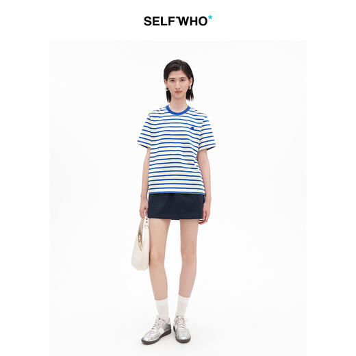 SELFWHO纯棉撞色圆领条纹T恤女2026夏季新款宽松通勤简约短袖上衣 商品图4