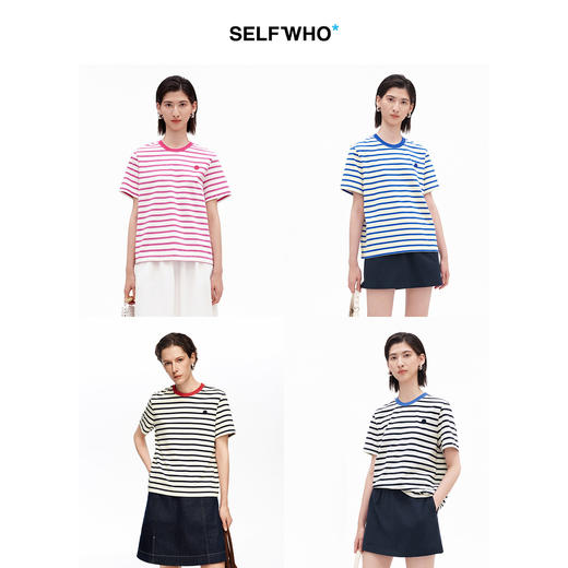 SELFWHO纯棉撞色圆领条纹T恤女2026夏季新款宽松通勤简约短袖上衣 商品图1