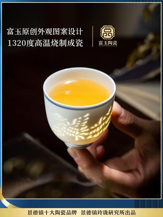 富玉窑丨 富玉陶瓷景德镇青花玲珑陶瓷海水纹主人杯对杯喝茶品茗 青花暗刻龙凤对杯 商品图3