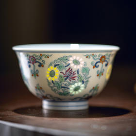 富玉窑 丨景德镇手工青花斗彩团菊玲珑主人杯盖碗茶具套组