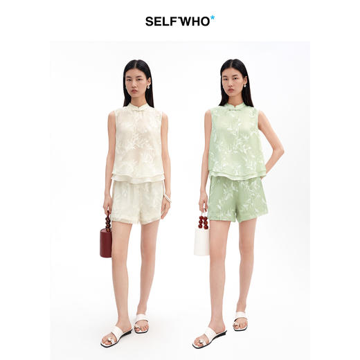 SELFWHO假两件新中式柳枝提花背心女2026夏新款兔耳盘扣套头上衣 商品图2