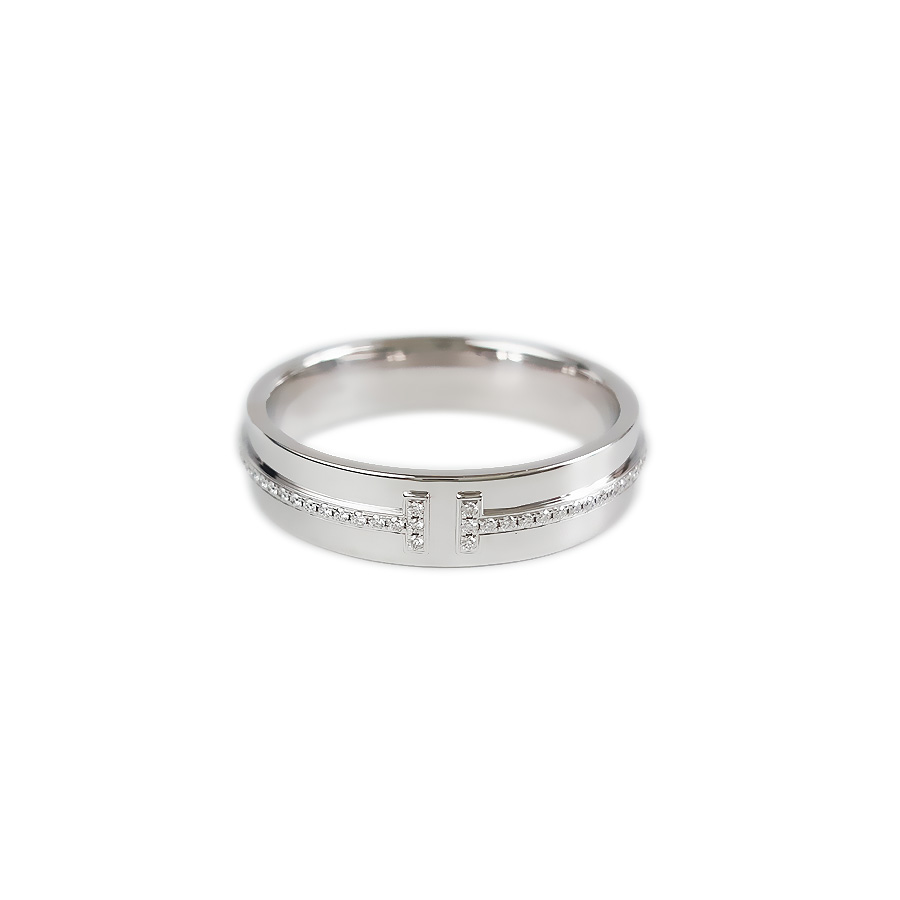 【95新】Tiffany & Co.蒂芙尼T 系列白金宽版镶钻双T戒指62号、宽度约5.3mm中性款170426TJ50