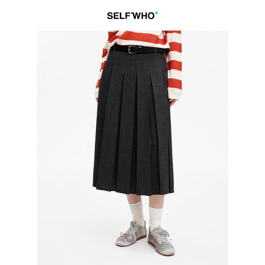SELFWHO不对称工字褶深灰色半身裙女2026夏新款宽松垂感百褶半裙 商品图0