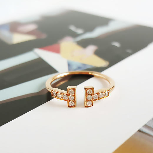 【95新】Tiffany & Co.蒂芙尼T系列玫瑰金镶钻双T开口线圈戒指52号女士070526NJS13 商品图4
