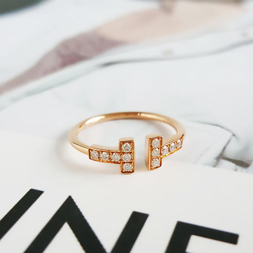 【95新】Tiffany & Co.蒂芙尼T系列玫瑰金镶钻双T开口线圈戒指52号女士070526NJS13 商品图3