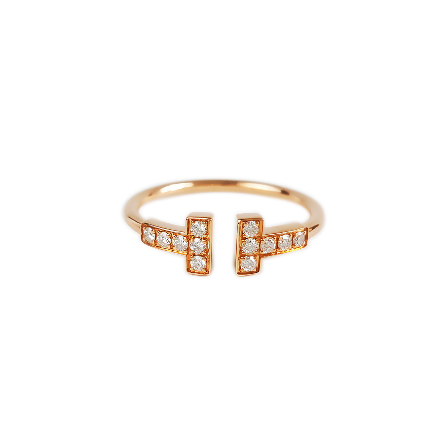 【95新】Tiffany & Co.蒂芙尼T系列玫瑰金镶钻双T开口线圈戒指52号女士070526NJS13
