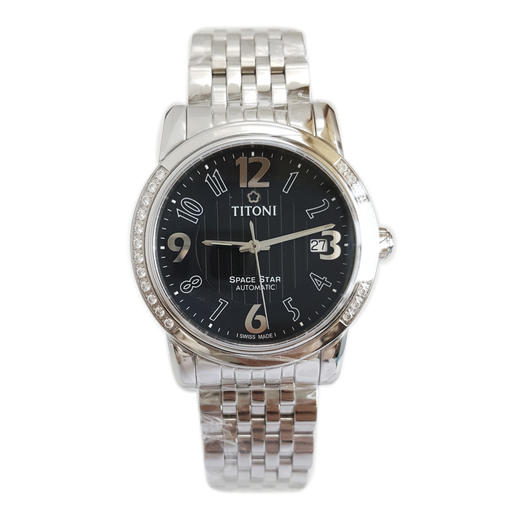 【全新】TITONI 梅花83738 S-DB-369自动机械机芯日期显示透明表背表圈水钻39MM（男款）Space Star 天星系列精钢/皮带170426NJ83 商品图0