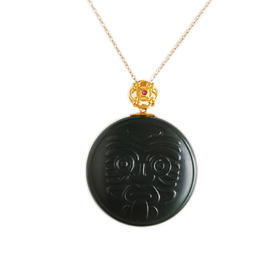 【天然正品】AU750黄金镶天然塔青料12生肖系列申猴图案和田玉吊坠项链040526NJS38
