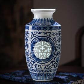 富玉呈祥丨富玉呈祥富玉陶瓷手绘青花寿字玲珑花瓶家居客厅卧室仿古陶瓷器摆件 手绘寿字玲珑瓶