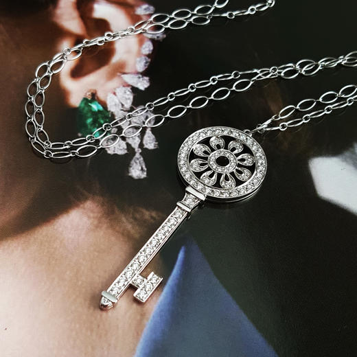 【95新】Tiffany & Co.蒂芙尼Keys 系列大号铂金满钻太阳花花瓣钥匙项链 链长约61cm女士180526JJ11 商品图3