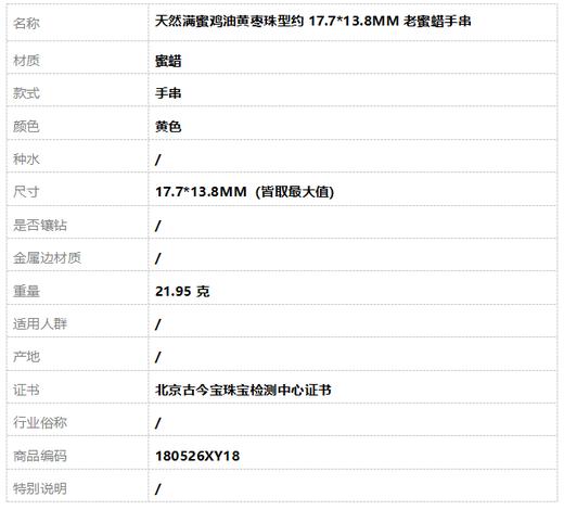 【天然正品】天然满蜜鸡油黄枣珠型约17.7*13.8MM老蜜蜡手串180526XY18 商品图7