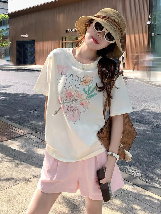 西遇慵懒风印花T恤女2026年夏季新款圆领正肩宽松休闲短袖上衣E0060429 商品图0