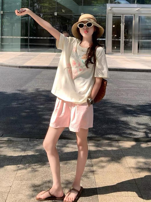 西遇慵懒风印花T恤女2026年夏季新款圆领正肩宽松休闲短袖上衣E0060429 商品图1