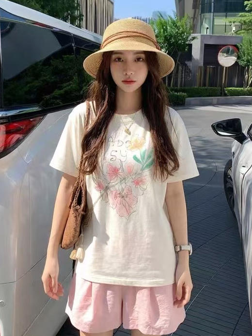 西遇慵懒风印花T恤女2026年夏季新款圆领正肩宽松休闲短袖上衣E0060429 商品图4