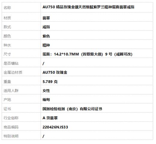 【天然正品】A货翡翠 AU750精品玫瑰金镶天然细腻紫罗兰糯种蛋面翡翠戒指 9号（戒圈可改）220426NJS33 商品图8