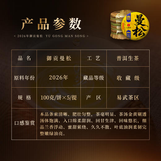 5月19日中午12点【御贡曼松】2026年春茶，高漏高炸裂新品发售！！高雅独特的曼松幽兰香，茶汤甜润细腻·入口即化，净含量：100克*5/提  拍5提发6提 商品图1
