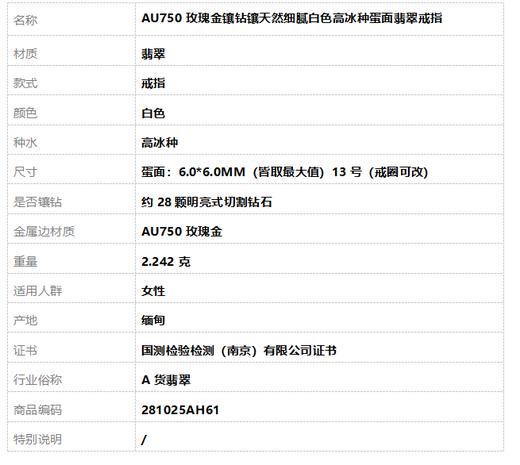 【天然正品】A货翡翠 AU750玫瑰金镶钻镶天然细腻白色高冰种蛋面翡翠戒指 13号（戒圈可改）281025AH61 商品图8