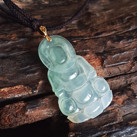 【天然正品】A货翡翠 AU750精品黄金镶天然细腻晴水冰种观音翡翠吊坠项链 050526NJS08 商品图5