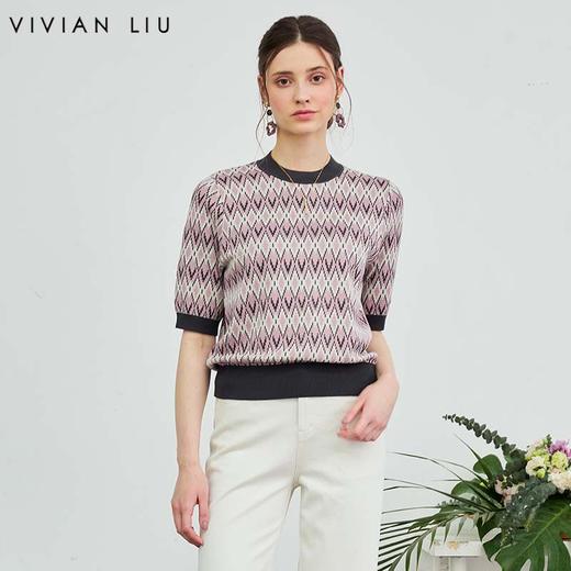 VIVIAN LIU薇薇安刘D2626312梅春女装新款短袖菱形格提花毛衫 商品图0