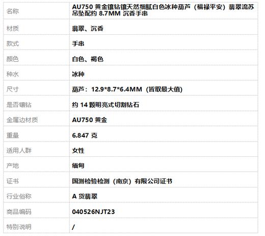 【天然正品】A货翡翠 AU750黄金镶钻镶天然细腻白色冰种葫芦（福禄平安）翡翠流苏吊坠配约8.7MM沉香手串 040526NJT23 商品图7