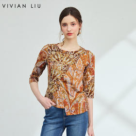 VIVIAN LIU薇薇安刘F2547301秋季新款腰间装饰袢斜襟收腰印花上衣
