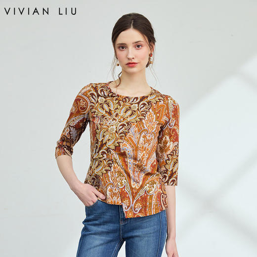 VIVIAN LIU薇薇安刘F2547301秋季新款腰间装饰袢斜襟收腰印花上衣 商品图0
