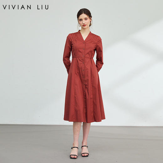 VIVIAN LIU薇薇安刘F2544102秋季女装肩部捏褶收腰系带长款连衣裙 商品图0