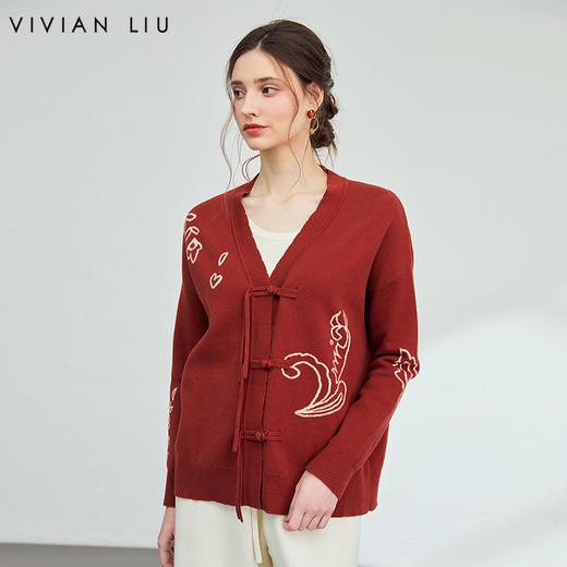 VIVIAN LIU薇薇安刘F2556303秋季女装新款V领中长款提花开衫毛衣 商品图0