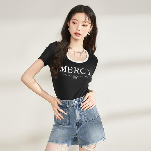 西遇美式甜酷辣妹正肩t恤短袖女夏季新款设计感修身小衫短款上衣LCH39171 商品图4
