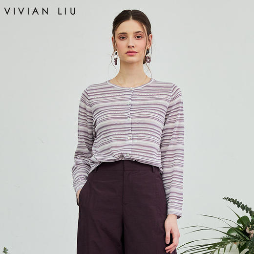 VIVIAN LIU薇薇安刘V2626305春新款时尚撞色圆领条纹开衫 商品图0