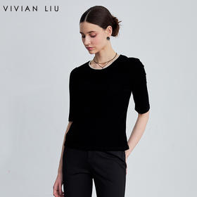 VIVIAN LIU薇薇安刘D2627309 夏新款珍珠领口丝绒五分袖打底衫