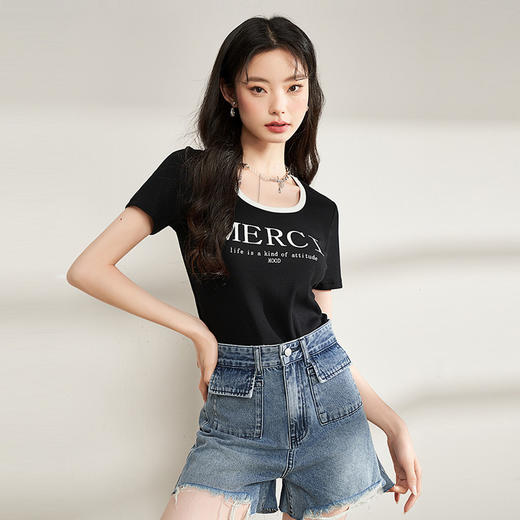 西遇美式甜酷辣妹正肩t恤短袖女夏季新款设计感修身小衫短款上衣LCH39171 商品图1