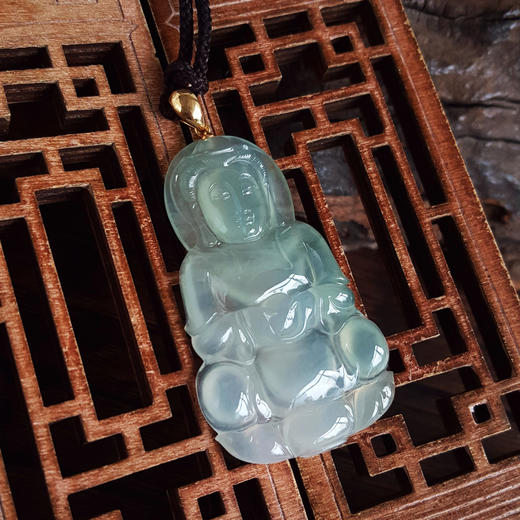 【天然正品】A货翡翠 AU750精品黄金镶天然细腻晴水冰种观音翡翠吊坠项链 050526NJS08 商品图7