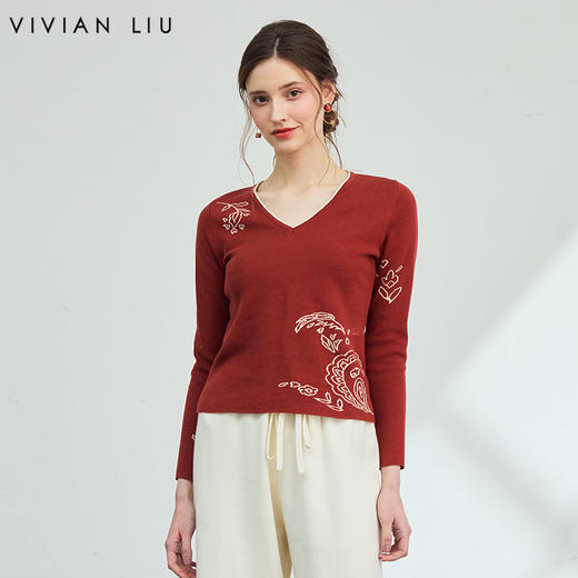 VIVIAN LIU薇薇安刘F2556301秋季女装新款v领提花修身毛衣 商品图0